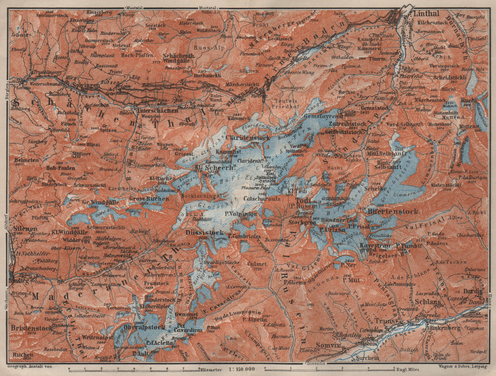 TÖDI DISTRICT. Glarus Alps Linththal Bifertenstock Claridenstock 1909 old map